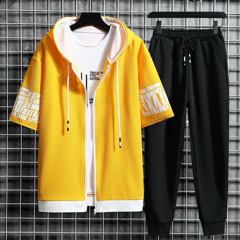 Men's Sets Hooded Zipper Short Sleeve Tops+ Elastic Waist Trousers Men Clothing Two Piece Set Korean Streetwear Tracksuit Men