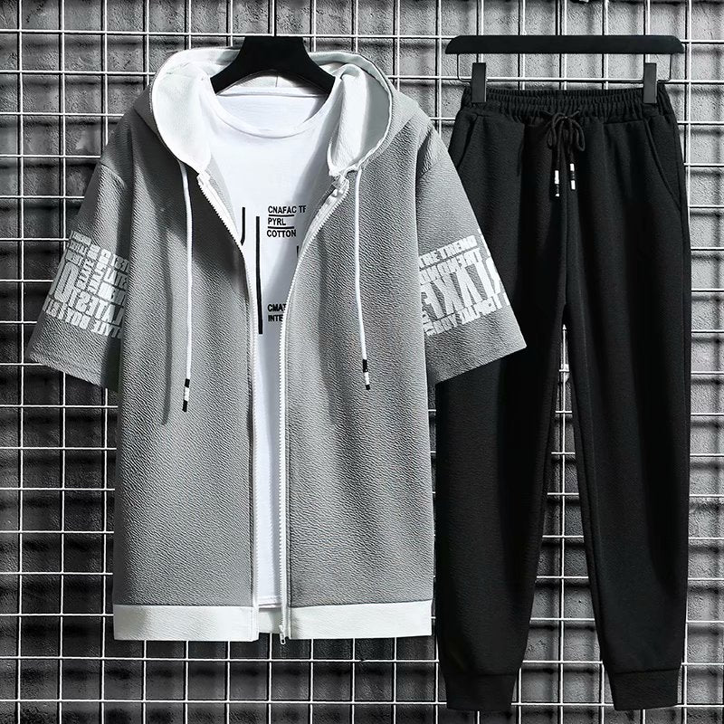 Men's Sets Hooded Zipper Short Sleeve Tops+ Elastic Waist Trousers Men Clothing Two Piece Set Korean Streetwear Tracksuit Men