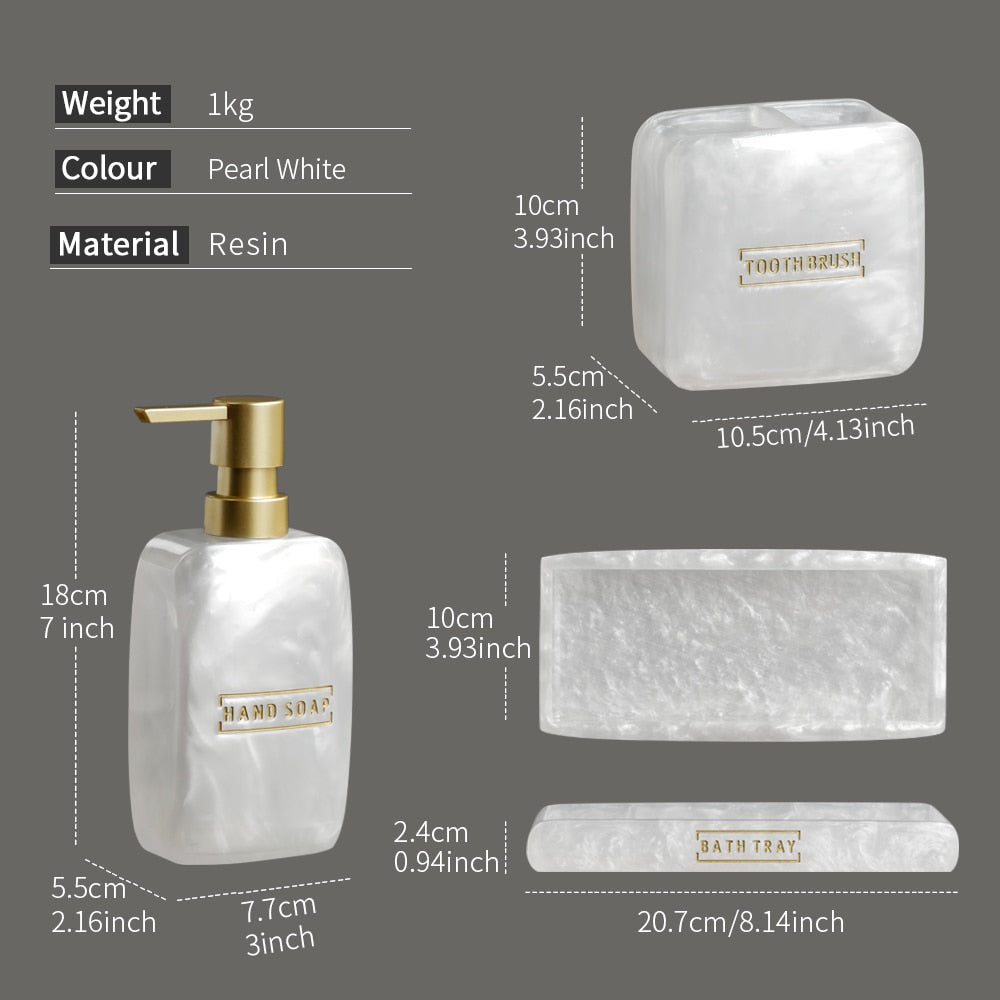 Bathroom Accessories White Pearl Look Bathroom Vanity Countertop Accessory Set,Soap Dispenser,Toothbrush Holder Set,Tray