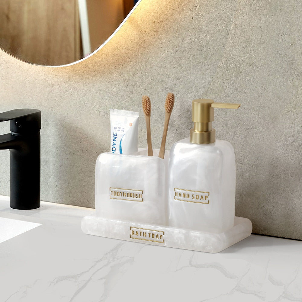 Bathroom Accessories White Pearl Look Bathroom Vanity Countertop Accessory Set,Soap Dispenser,Toothbrush Holder Set,Tray