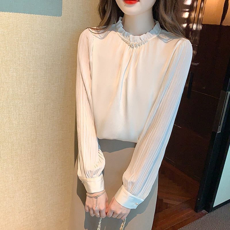 2023 Fashion Chiffon Women Blouse Shirt New Long Sleeve Women's Clothing Bead Loose OL Blouse Feminine Woman Tops Blusas 25649