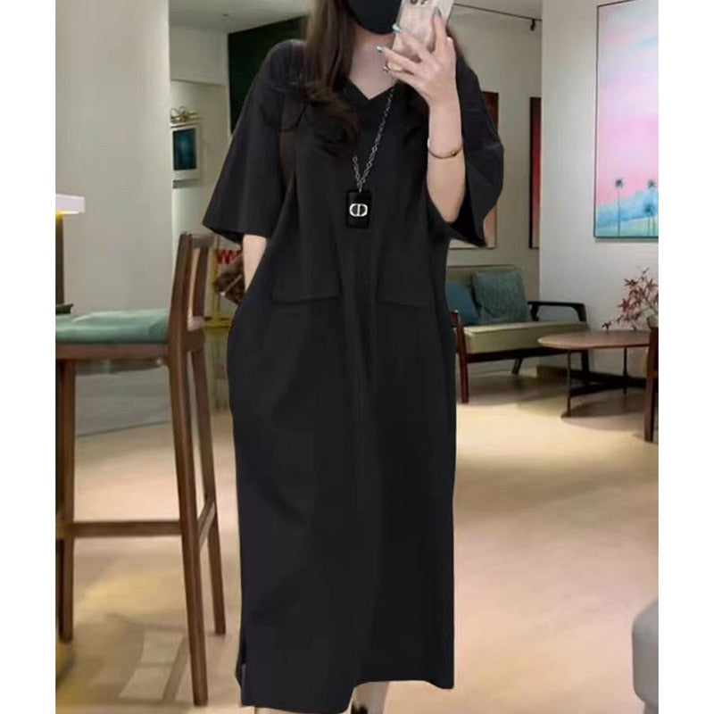 Fashion V-Neck Solid Color Spliced Pockets Loose Korean Long Dress Women's Clothing 2023 Summer New Oversized Casual Dresses