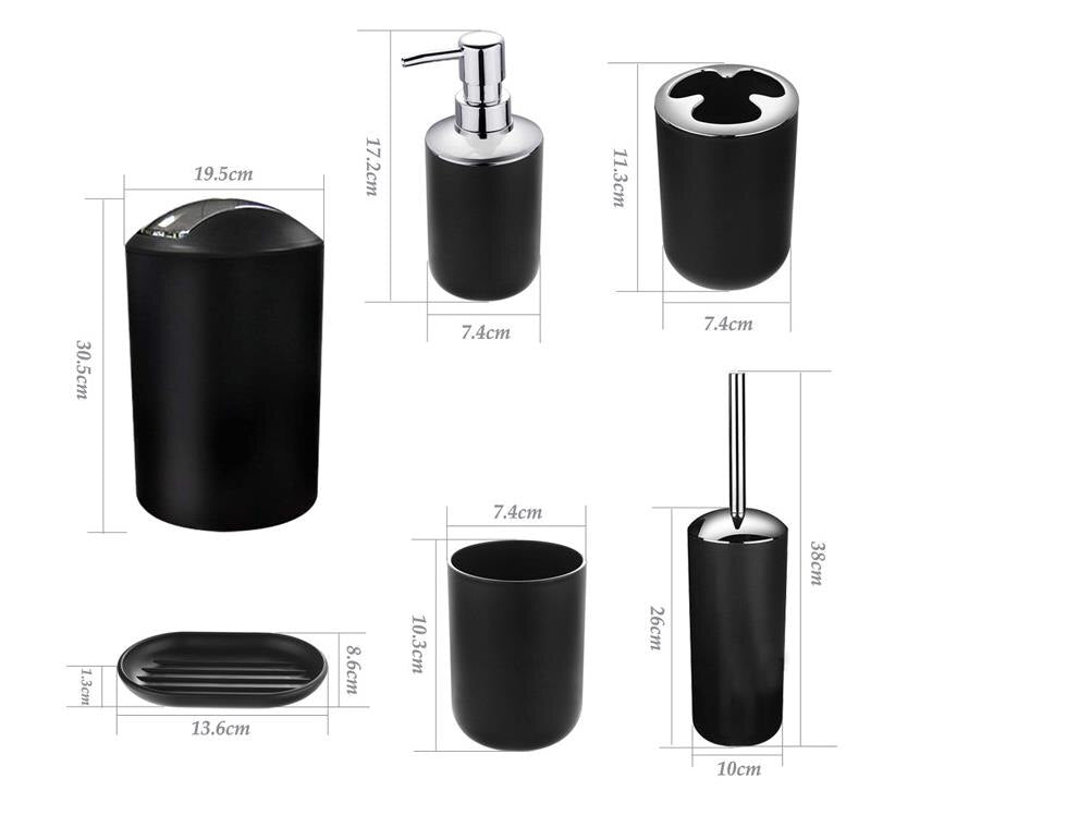 6Pcs Black Bathroom Accessories Toothbrush Holder Bin Soap Dish Dispenser Tumbler Toilet Brush Toilet Bathroom Set  White