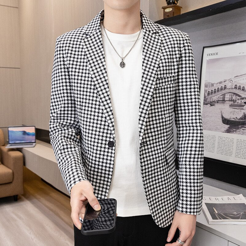 Men's Blazer Fashion Spring Autumn Clothing Male Suit Jacket Fine Checkered Pattern Casual Slim Fit Fancy Party Blazzer Coat