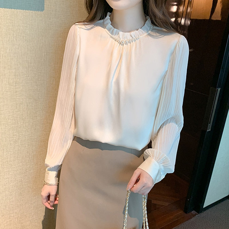 2023 Fashion Chiffon Women Blouse Shirt New Long Sleeve Women's Clothing Bead Loose OL Blouse Feminine Woman Tops Blusas 25649