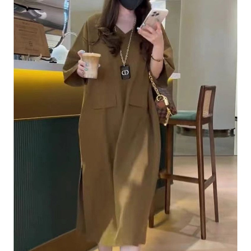 Fashion V-Neck Solid Color Spliced Pockets Loose Korean Long Dress Women's Clothing 2023 Summer New Oversized Casual Dresses