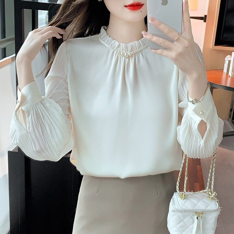 2023 Fashion Chiffon Women Blouse Shirt New Long Sleeve Women's Clothing Bead Loose OL Blouse Feminine Woman Tops Blusas 25649