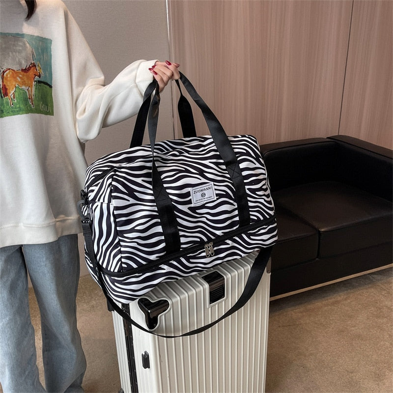 Travel Bag Women's Handbag Leopard Zebra Print Waterproof Large Pull Rod Boarding Fitness Dry and Wet Separation Luggage Bag New