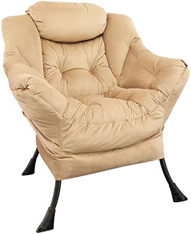 Velvet Fabric Accent Chair Lazy Reclining Armchair with Removable Metal Legs and a Side Pocket, Comfy Upholstered Single Leisure