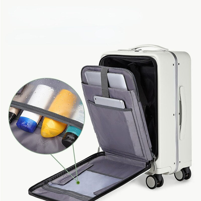 Carry-on Luggage with Wheels Front Opening Rolling Luggage Password Travel Suitcase Bag Fashion USB Interface Trolley Luggage