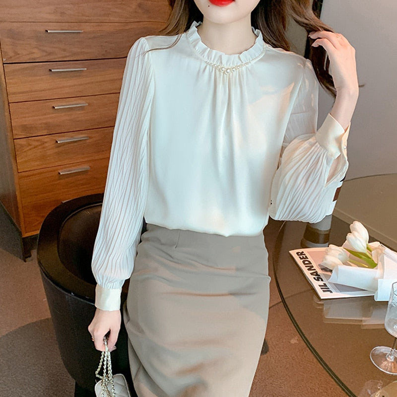 2023 Fashion Chiffon Women Blouse Shirt New Long Sleeve Women's Clothing Bead Loose OL Blouse Feminine Woman Tops Blusas 25649