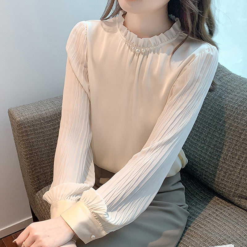 2023 Fashion Chiffon Women Blouse Shirt New Long Sleeve Women's Clothing Bead Loose OL Blouse Feminine Woman Tops Blusas 25649