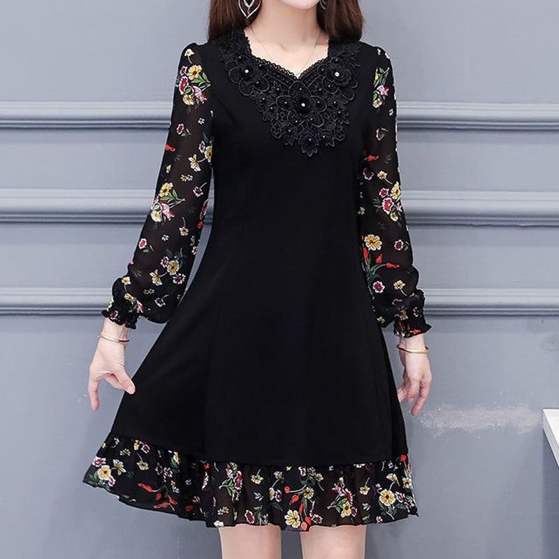 Elegant Fashion Embroidery Beading Round Neck Dress Spring Summer Vintage Women's Clothing Printed Spliced Long Sleeve Dresses