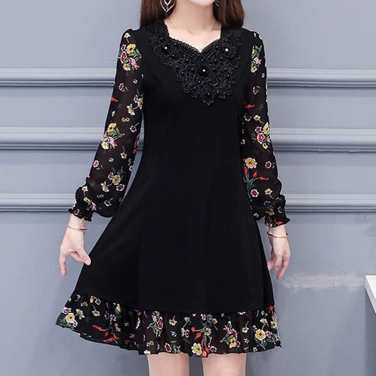 Elegant Fashion Embroidery Beading Round Neck Dress Spring Summer Vintage Women's Clothing Printed Spliced Long Sleeve Dresses