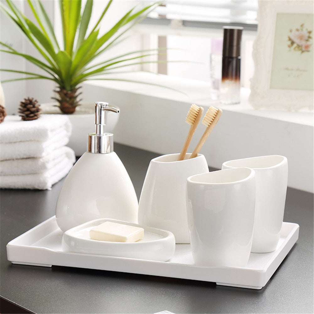 Home Washing Part Nordic Bathroom Wash Accessory White Ceramic Soap Dispenser Bottle Mouthwash Cup Soap Dish Toothbrush Cup