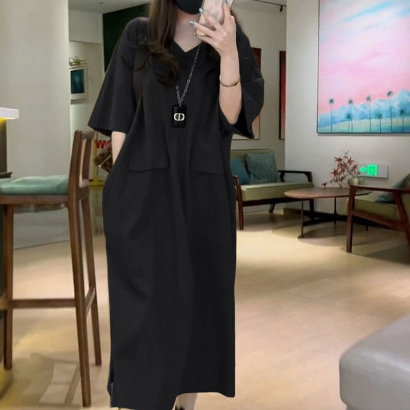 Fashion V-Neck Solid Color Spliced Pockets Loose Korean Long Dress Women's Clothing 2023 Summer New Oversized Casual Dresses