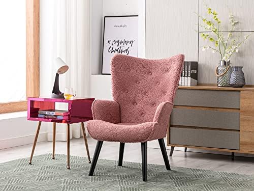 Accent Chair Modern Tufted Button Wingback Vanity Chair with Arms Upholstered Tall Back Desk Chair with Solid Wood Legs for Livi