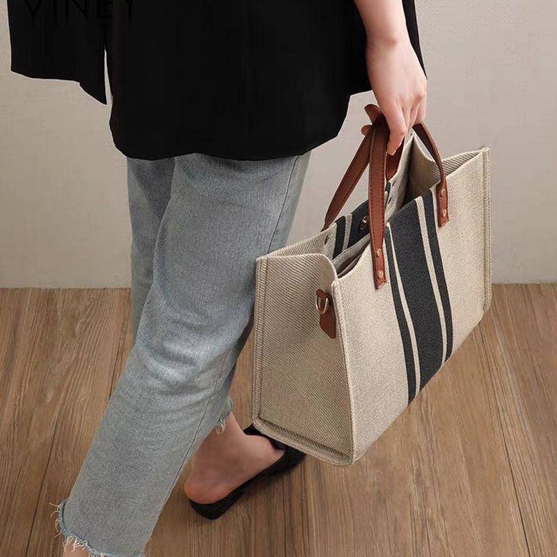 Women's Tote Stripe Bag Handheld Summer High Capacity Canvas Luggage Outer Crossbody Messager Bag Business Casual Handbag