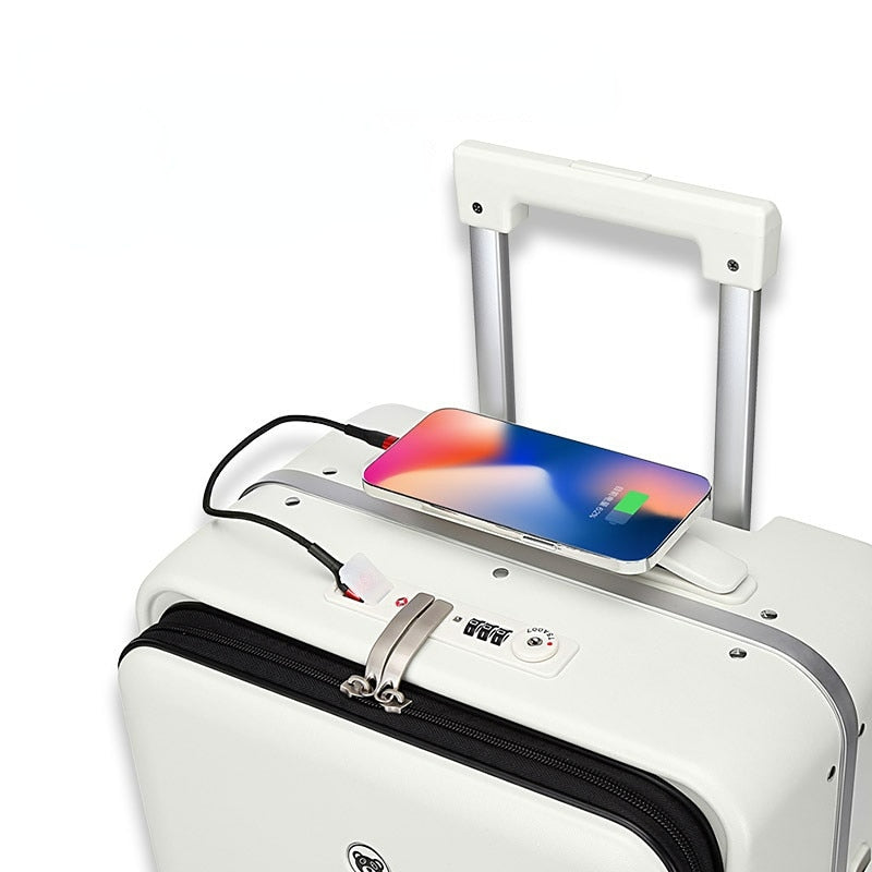 Carry-on Luggage with Wheels Front Opening Rolling Luggage Password Travel Suitcase Bag Fashion USB Interface Trolley Luggage