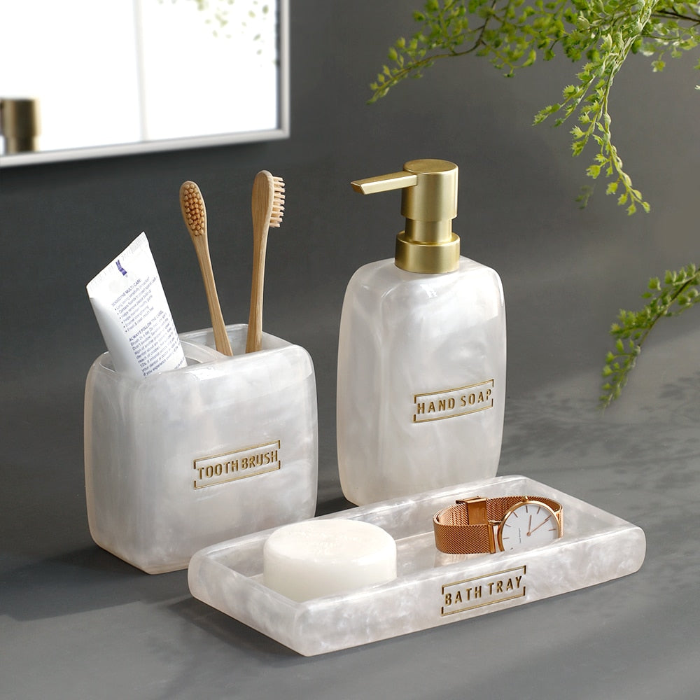 Bathroom Accessories White Pearl Look Bathroom Vanity Countertop Accessory Set,Soap Dispenser,Toothbrush Holder Set,Tray