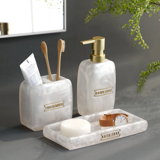 Bathroom Accessories White Pearl Look Bathroom Vanity Countertop Accessory Set,Soap Dispenser,Toothbrush Holder Set,Tray