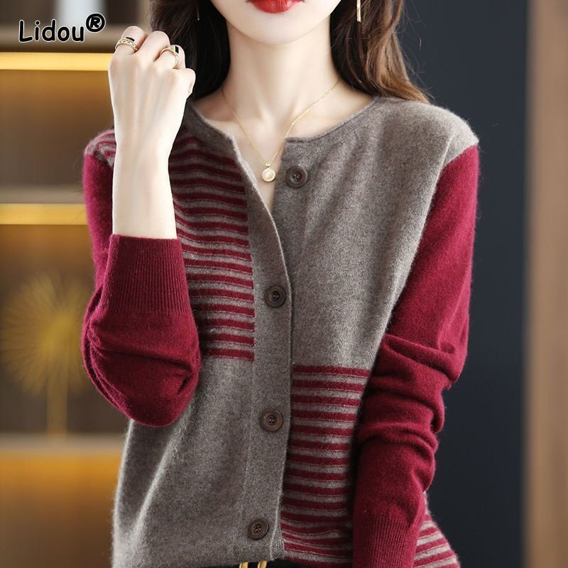 O-Neck SlimThick Autumn Winter Women's Clothing Vintage Striped Single Breasted Sweaters Spliced Knitting Refreshing Cardigan