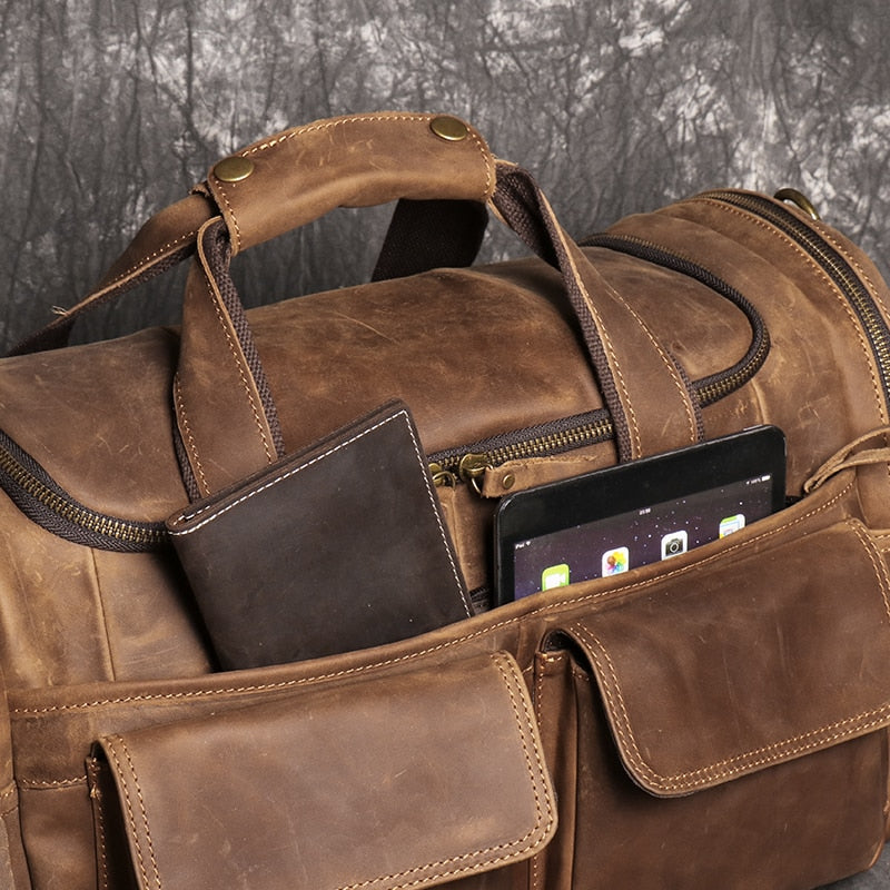 Retro Brown Men's Hand Luggage Bag Crazy Horse Leather Large Capacity Travel Bag Business Weekend One Shoulder Messenger Bag