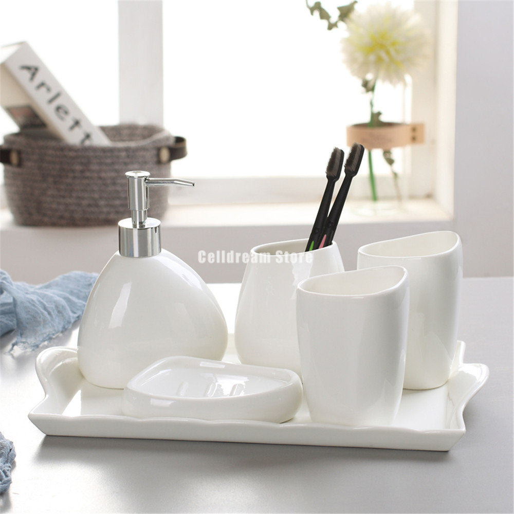 Home Washing Part Nordic Bathroom Wash Accessory White Ceramic Soap Dispenser Bottle Mouthwash Cup Soap Dish Toothbrush Cup