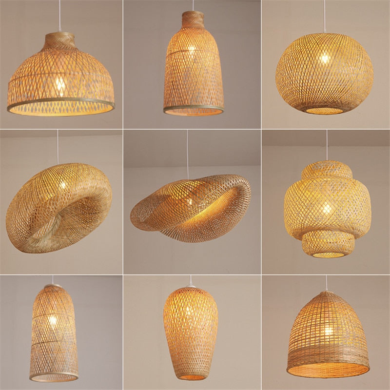 Classic Bamboo Lustre Chandelier Hanging Lamp Ceiling Handmade Rattan Pendant Light Fixture Weaving Home Living Bed Room Decor