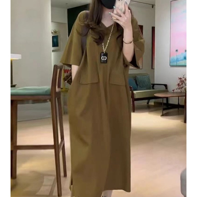 Fashion V-Neck Solid Color Spliced Pockets Loose Korean Long Dress Women's Clothing 2023 Summer New Oversized Casual Dresses